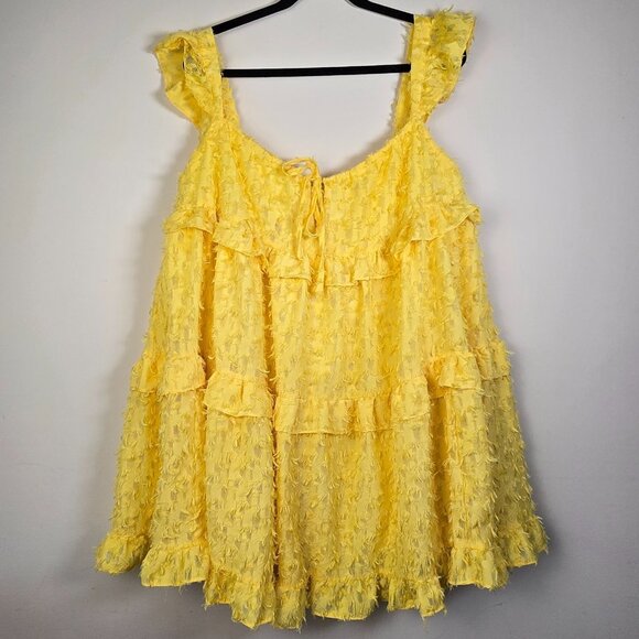 Tie Front Ruffle Hem Smock Dress Large Size 8/10 Yellow Eyelash Texture Fringe - Picture 1 of 9